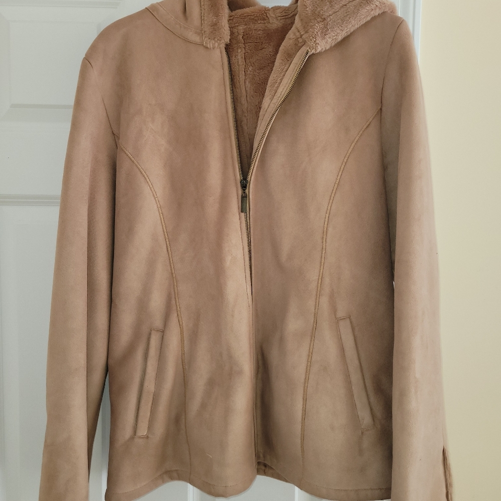 Hooded faux suede jacket with warm interior lining